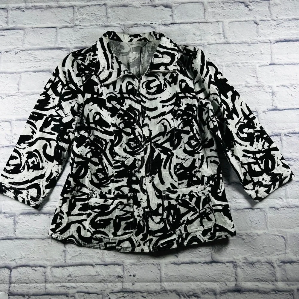 Christopher & Banks Womens Small Black White Abstract Swirl Zip Shirt Jacket